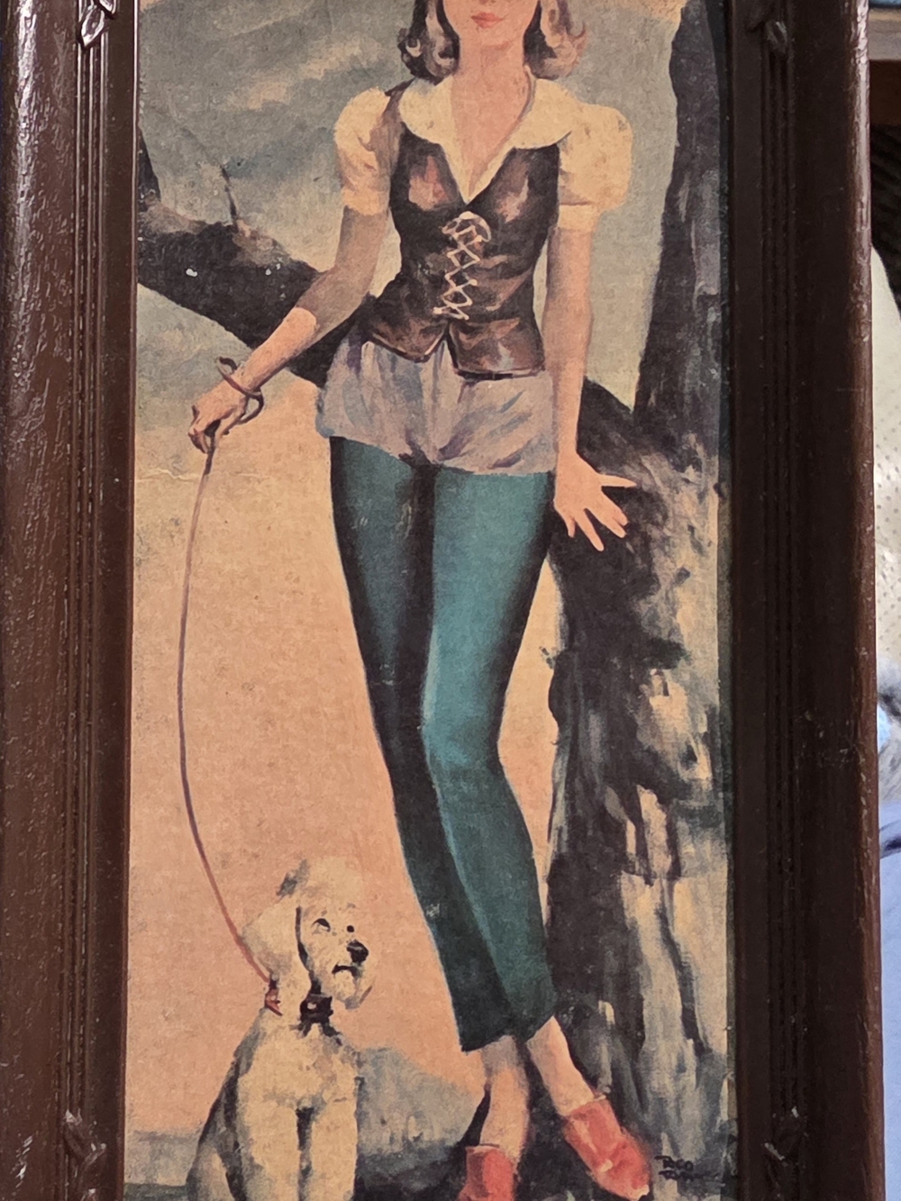 Framed Vintage-Style Teal Art Print in Brown Frame - Unbranded